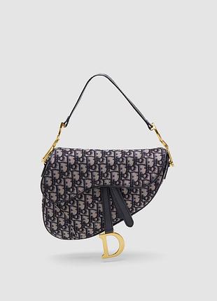 Сумка диор  saddle bag with strap blue/black  oblique jacquard