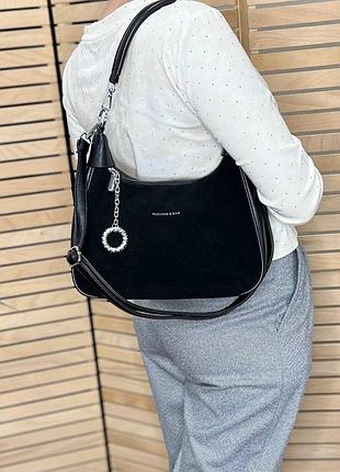 Жіноча стильна та якісна сумка з натуральної замші та еко шкіри чорна