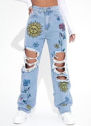 Джинсы рваные расписанные цветы джинсовые штаны