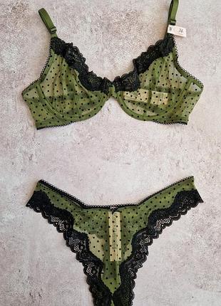 Кружевной комплект в бархатный горошек и черное кружево, без push-up, от бренда victoria’s secret 🇺🇸 оригинал