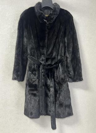 Шуба норкова класична халат чорна під пояс без капюшона