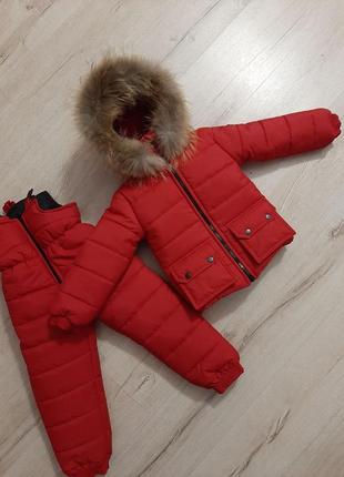 Детский зимний комбинезон красный с натуральным мехом