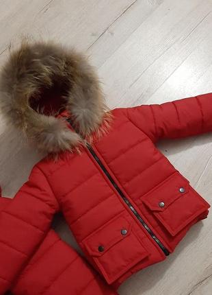 Детский зимний комбинезон красный с натуральным мехом4 фото