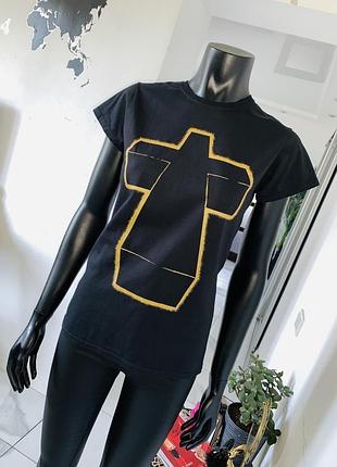 Женская чёрная футболка justice рок готика с коротким рукавом и принтом в виде креста, размер s