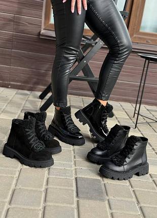 Ботинки деми демисезонные с мехом тедди черные кожаные замшевые лакированные глянцевые 23621 23622 23623