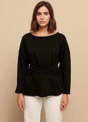 Крутий чорний світшот hm із завʼязками на талії котоновий базовий світшот чорний