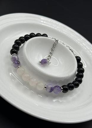 Браслет з натура каміння агат, рожевий кварц та аметист