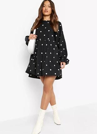 Стильное платье boohoo (новое) - классический принт в горошек | свободный крой, длинный рукав | размер m (uk 12/46)