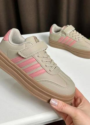 Кроссовки кеды детские подростковые,хаки,темно бежевые с розовым, липучке,легкие и мягкие,на платформе, для девочки