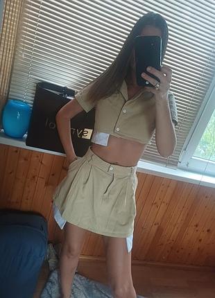 Котоновый стильный костюм пиджак + юбка бежевый