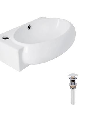 Комплект qtap leo: раковина подвесная овальная левая 430x285x160 мм white + донный клапан pu02o