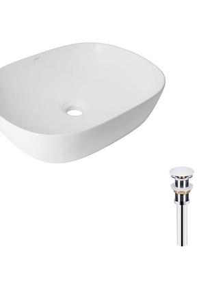 Комплект qtap aquarius: раковина накладная прамоугольная 470x380x120 мм white + донный клапан pu02