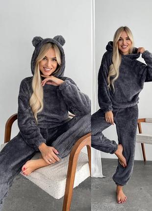 Женская теплая махровая пижама двойка,пижама с ушками, махровая пижама с ушками,пижама тедди 🐻