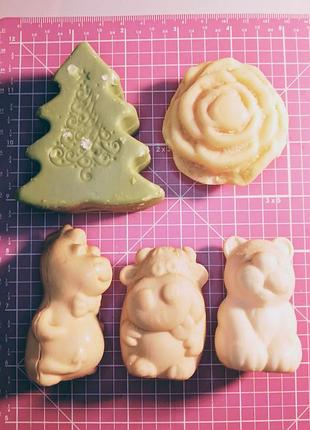 Мыло елочка, динозаврик, роза, мишка, корова, детское сувенирное твердое