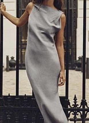 Серое льняное асимметричное платье zara р. м-l