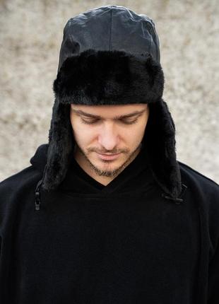 Мужская кожаная шапка ушанка without galaxy black