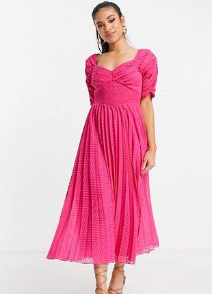 Asos design мініатюрна плісирована сукня міді з рюшами спереду з гофрованою талією яскраво-рожевого кольору