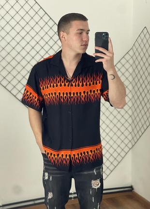 Чорна гавайка hawaloha з принтом вогню, вогняний принт