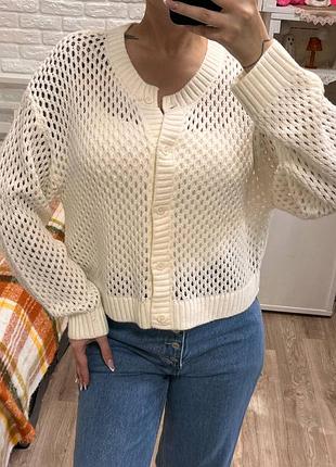 Кардиган сітка у дірочку вʼязаний кофтинка на ґудзиках