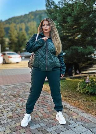 Балталл большие размеры 🌹 теплый с флисом костюм кофта куртка на молнии с капишоном стеганая и брюки на высокой талии к манжету