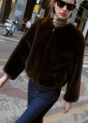 Коротка еко шубка зара коричнева жіноча