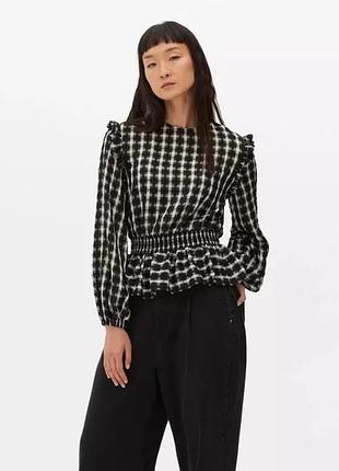 Блуза в клітинку чорна чорно-біла жіноча шкільна офісна primark з резинкою в талії з довгими пишними рукавами з рюшами віскозна натуральна