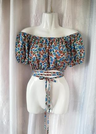 Блуза топ цветочный принт открытые плечи завязки вокруг талии