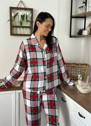 Пижама домашний комплект одежда в клетку классический карман штаны рубашка вискоза уютный трикотаж