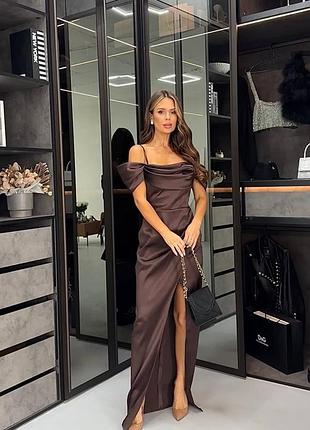 Длинное атласное платье макси со спущенными рукавами, вечернее платье макси с разрезом на ноге, платье макси на бретелях, платье на свадьбы, 7554