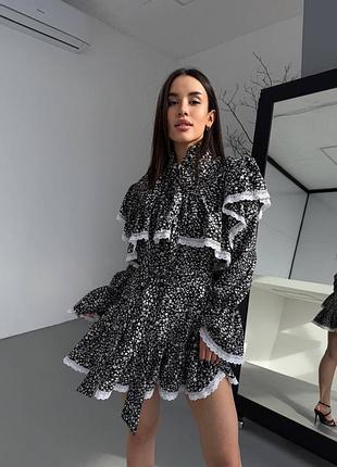 Мини платье праздничное цветочная кокетка манжеты длинный рукав воротник бант воланы рюши окантовка пояс для свиданий