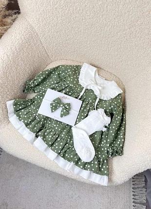 Святкове зелено-біле платтячко з льону + пов’язочка, 74