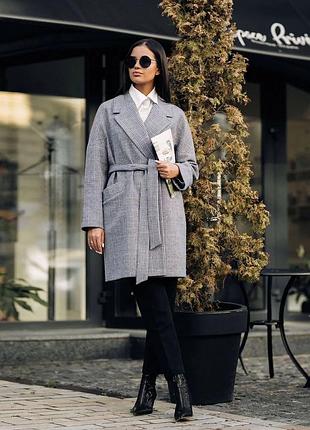 Пальто женское оверсайз, зимнее утепленное,  в клетку, серое