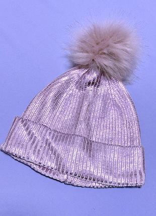 Шапка вʼязана 8-12 років дитяча 52-56 розмір тепла primark для дівчинки 100% акріл блискуча рожева