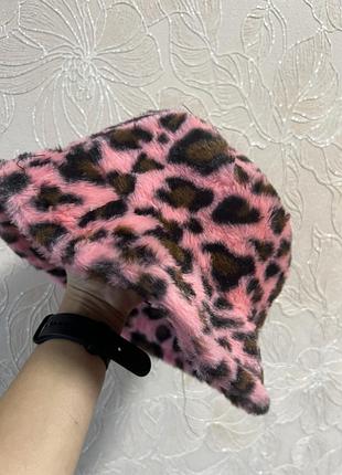 Хутряна жіноча панама, тепла панама, леопардова рожева тепла панама