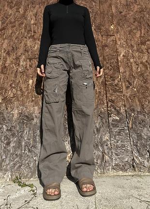 Штаны брюки карго трекинговые для похода в горы туристические для отдыха свободные низкая талия оверсайз широкие прямые хлопок хаки с карманами карго
