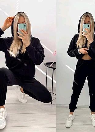 На меху ❄ теплый велюровый плюшевый прогулочный костюм худи и штаны к манжетам с карманами