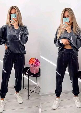 На меху ❄ теплый велюровый плюшевый прогулочный костюм худи и штаны к манжетам с карманами