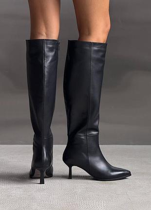 Демисезонные сапоги черный натуральная кожа (италия) итальянская флис молния каблук 7 см украинская