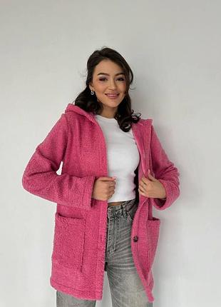 Кардиган плотный букле на велюре с застежкой на пуговицы с капюшоном с карманами