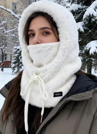 Білий теплий капор / шарф-капюшон / балаклава з хутра