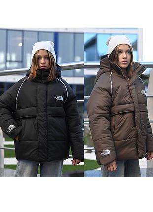 Зимова тепла куртка пуховик на дівчину підлітка з капюшоном шоколад чорний холофайбер 152 158 164 170 176