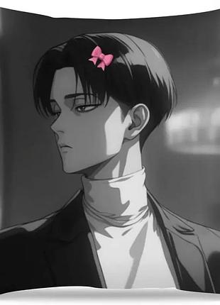 Декоративна подушка леві з аніме атака титанів (attack on titan), стильний чорнобілий принт з рожевим бантом