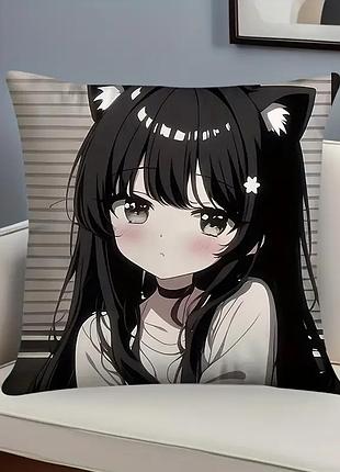 Декоративна подушка з аніме дівчиною-неко (neko girl) – мила подушка для дивану й кімнати, 40×40 см