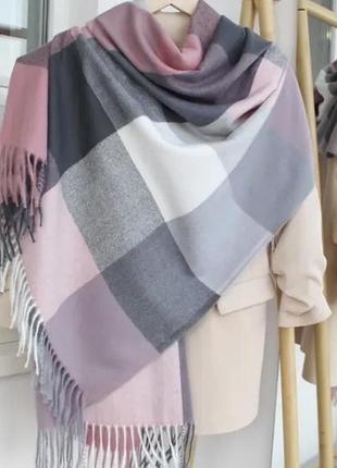 Шарф кашемір клітинка сіро-рожевий