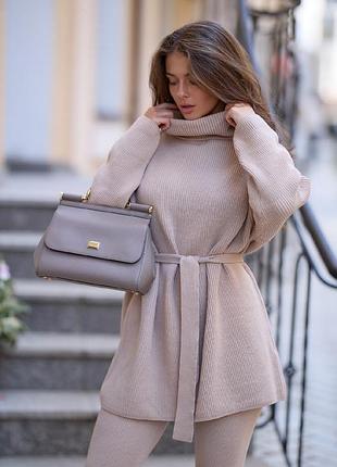 Вязаный теплый костюм комплект свитер под пояс и легенсы в лосины