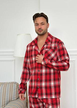 Do3812 піжама для чоловіків домашній костюм : сорочка + штани преміум фланель клітинка світло червона