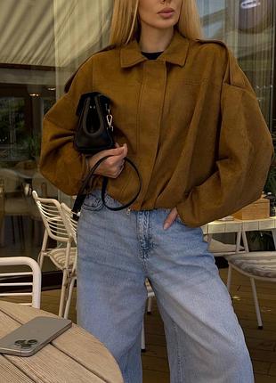 Жіночий замшевий бомбер, осіння куртка з замші на замку з кишенями