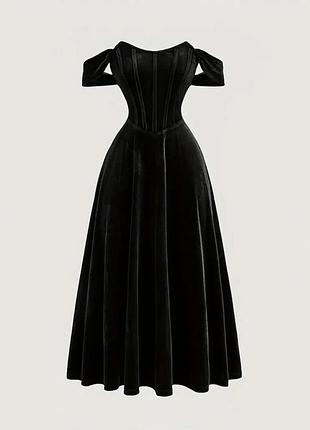 Елегантна сукня з відкритими плечима з оксамиту – насичений бордовий колір, ідеальна для осені/зими