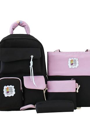 Чорний рюкзак для дівчинки в школу, набір рюкзак 4в1, шкільний набір рюкзак шопер пенал