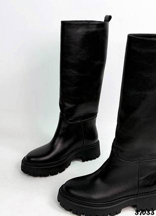 ▪️чоботи висока підошва танкетка платформа жіночі осінні зимові нові високі шкіряні чорні черевики ботинки ботфорти натуральна шкіра байка осінь зима